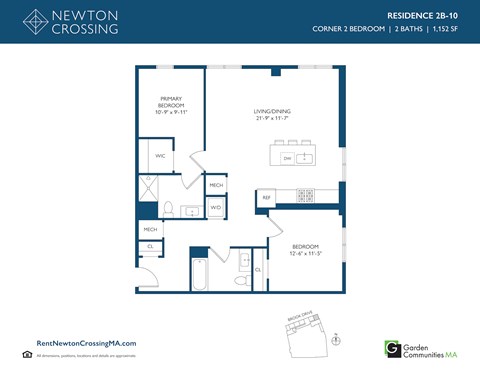 Floor plan for 2 beds, 2 baths, 1152 sqft